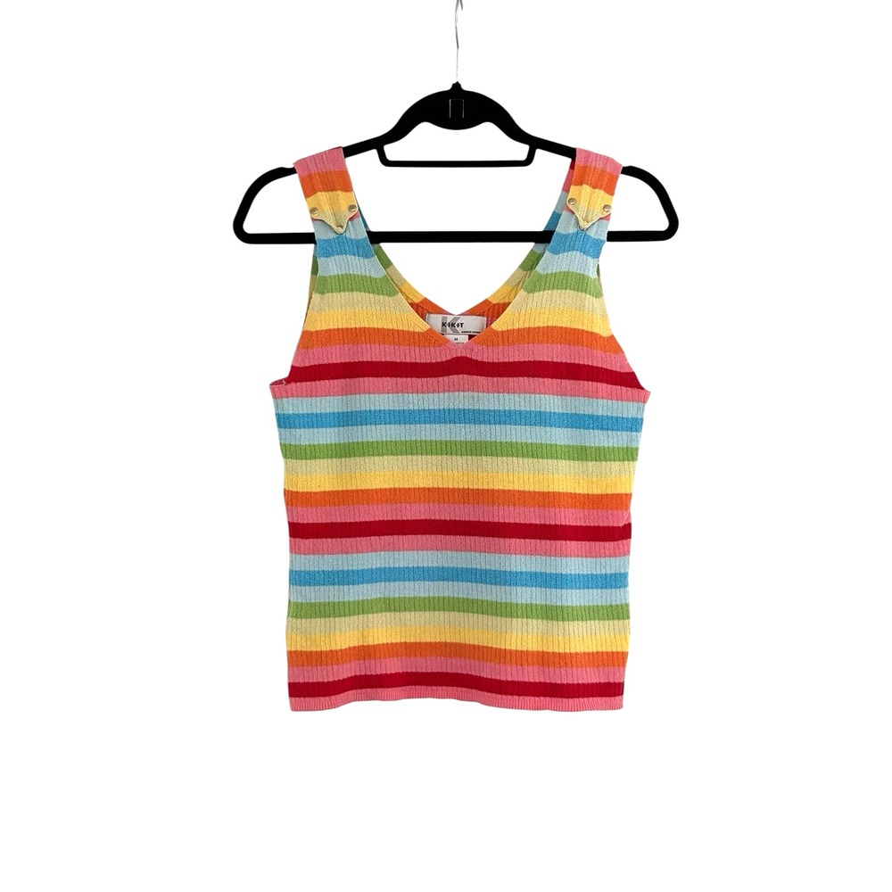 Kikit Y2K Rainbow Knit Tank Top Ribbed V Neck Striped 90s Retro Festival Indie